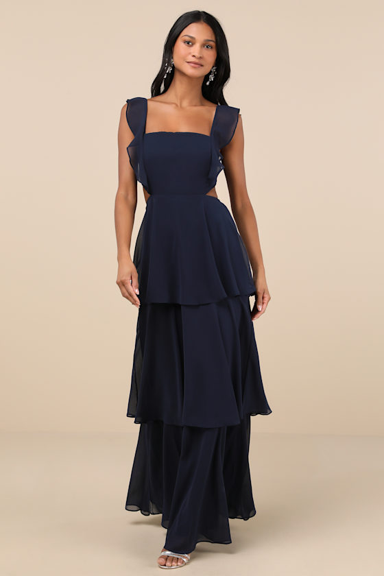 Shop Lulus Elegant Event Navy Ruffled Tie-back Tiered Maxi Dress