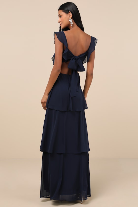 Shop Lulus Elegant Event Navy Ruffled Tie-back Tiered Maxi Dress