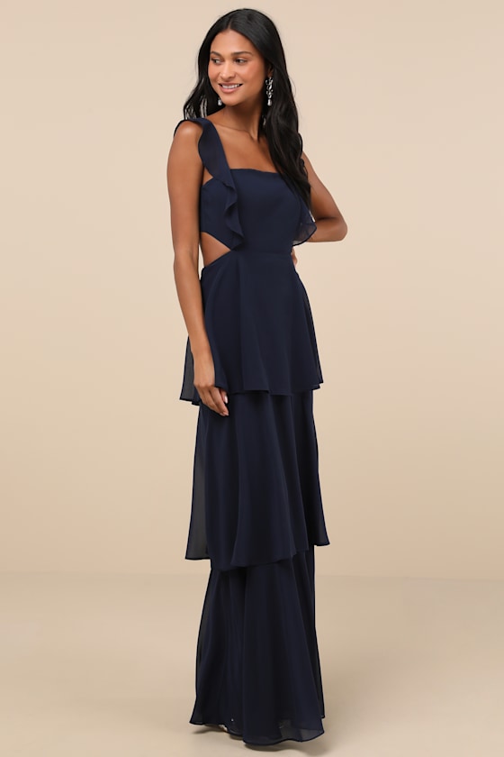 Shop Lulus Elegant Event Navy Ruffled Tie-back Tiered Maxi Dress