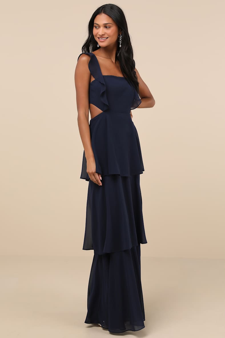 Elegant Event Navy Ruffled Tie-Back Tiered Maxi Dress