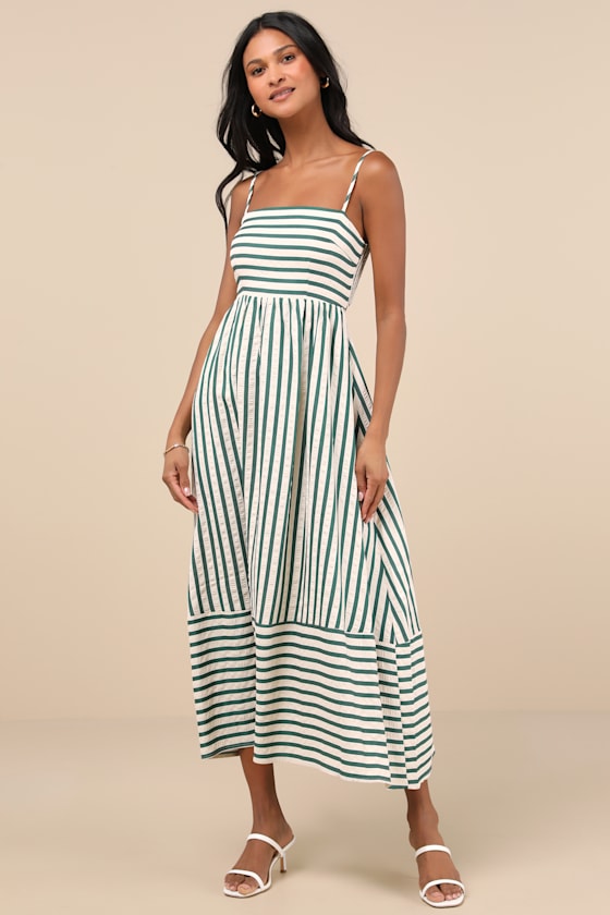LULUS EXCEPTIONALLY PRISTINE GREEN AND CREAM STRIPED CUTOUT MIDI DRESS 