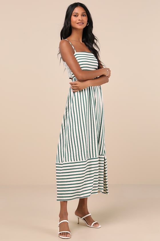 LULUS EXCEPTIONALLY PRISTINE GREEN AND CREAM STRIPED CUTOUT MIDI DRESS 