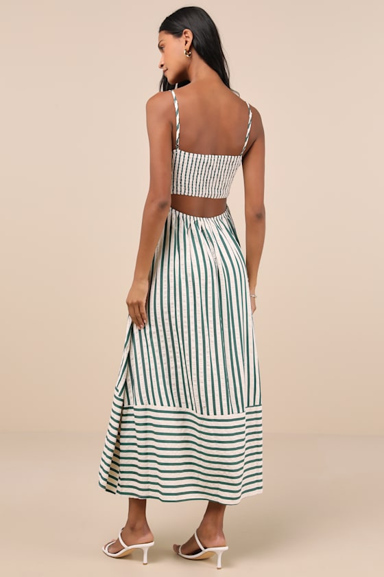 LULUS EXCEPTIONALLY PRISTINE GREEN AND CREAM STRIPED CUTOUT MIDI DRESS 