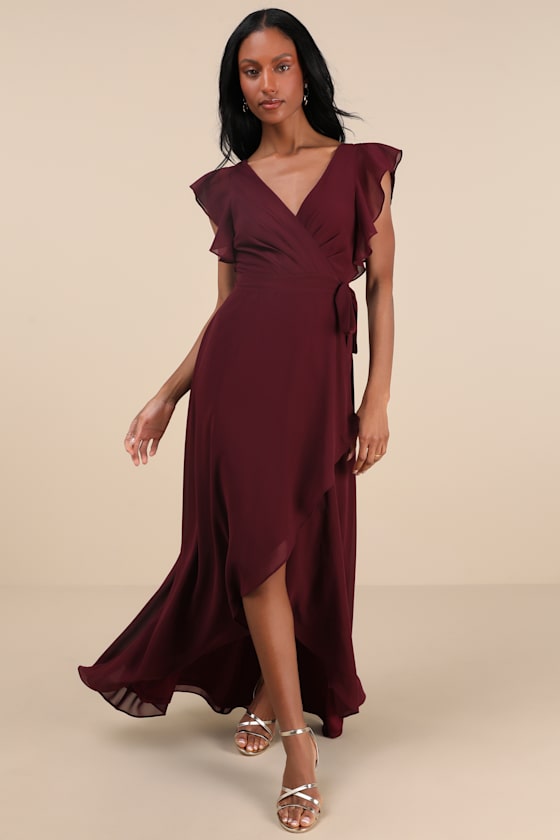 Shop Lulus Ravishing Charm Burgundy Ruffled Wrap High-low Maxi Dress