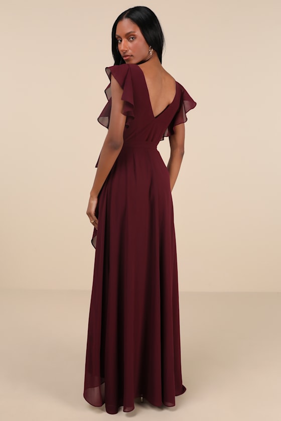 Ravishing Charm Burgundy Ruffled Wrap High-Low Maxi Dress 2