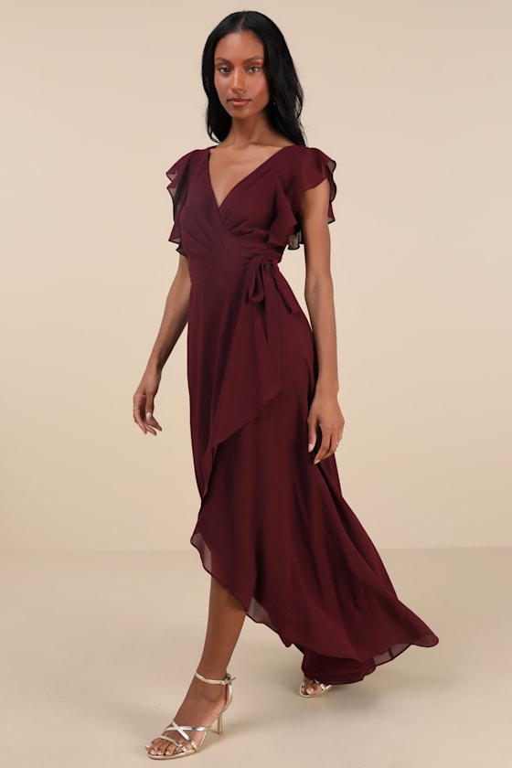 Shop Lulus Ravishing Charm Burgundy Ruffled Wrap High-low Maxi Dress