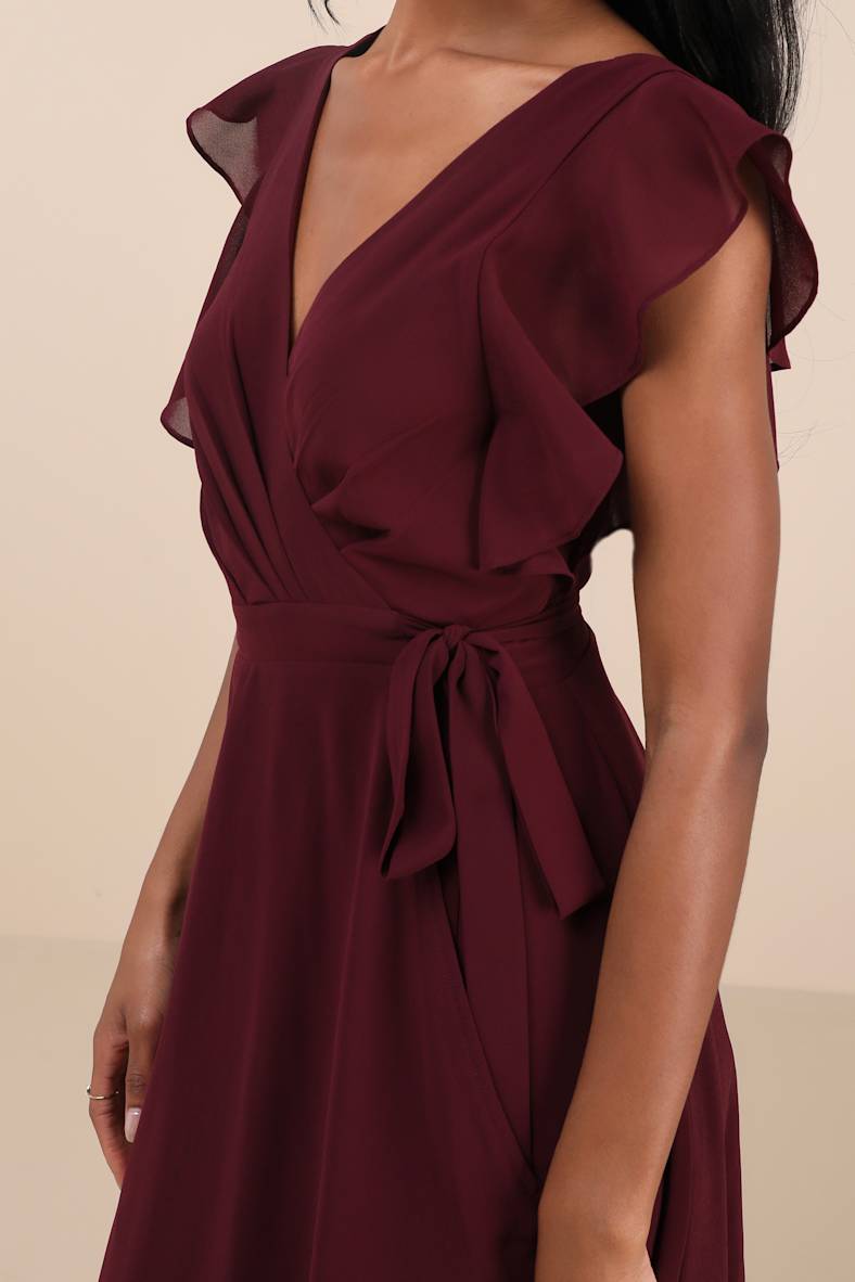 Ravishing Charm Burgundy Ruffled Wrap High-Low Maxi Dress
