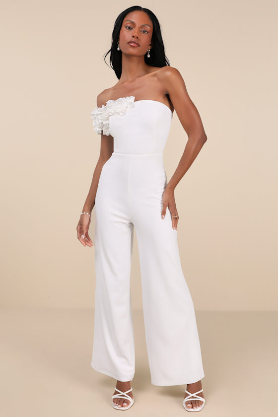 Lulus Damara White Floral Applique One-shoulder Jumpsuit In White