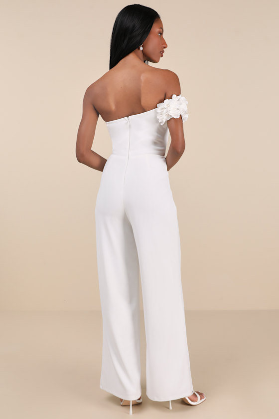 Lulus Damara White Floral Applique One-shoulder Jumpsuit In White