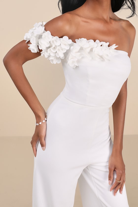 Lulus Damara White Floral Applique One-shoulder Jumpsuit In White