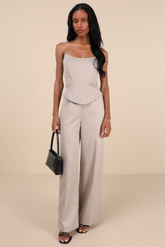 Lulus Polished Charisma Taupe Pinstriped Strapless Jumpsuit In Taupe