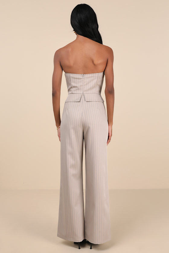 Lulus Polished Charisma Taupe Pinstriped Strapless Jumpsuit In Taupe