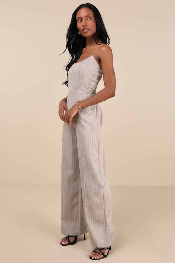 Lulus Polished Charisma Taupe Pinstriped Strapless Jumpsuit In Taupe