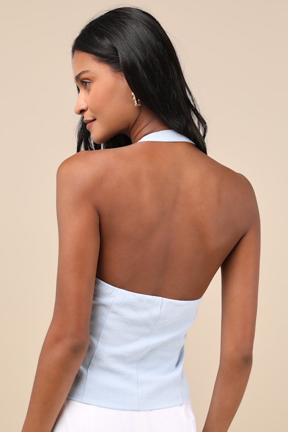 Lulus Pamula Light Blue Halter Button-front Top In Light Blue