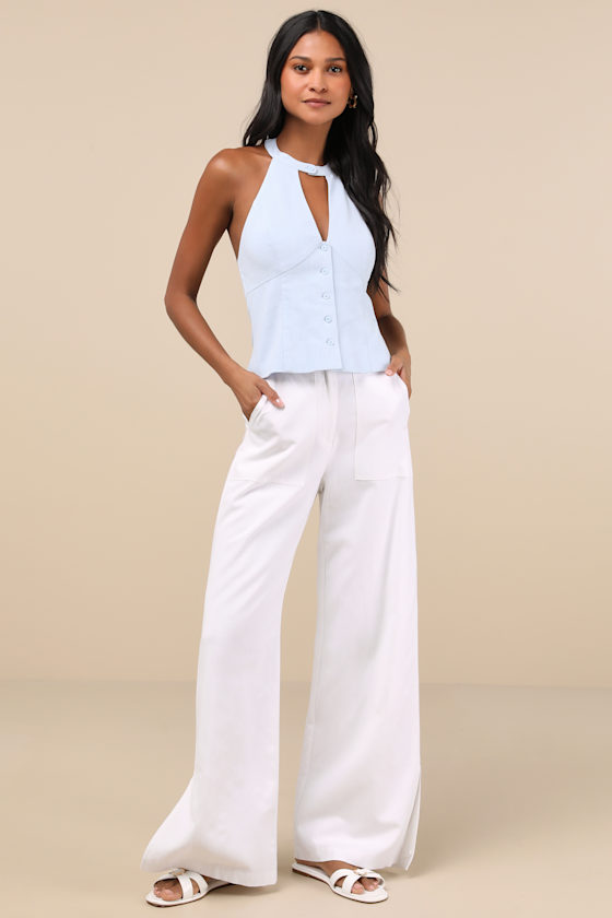 Lulus Pamula Light Blue Halter Button-front Top In Light Blue