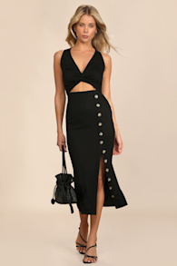 Trend Seeker Black Ribbed Twist-Front Cutout Midi Dress 6