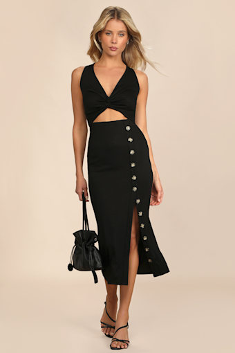 Trend Seeker Black Ribbed Twist-Front Cutout Midi Dress 6