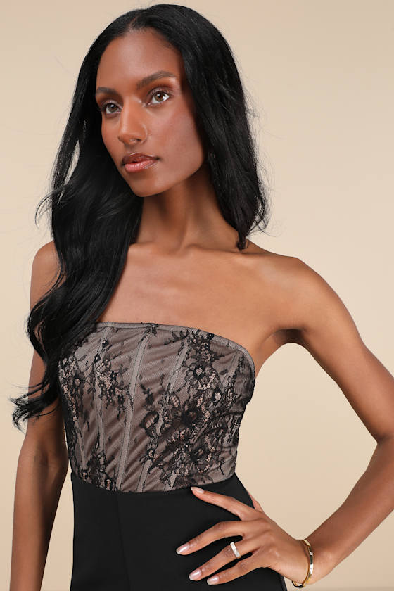 Lulus Adannaya Black Lace Strapless Bustier Jumpsuit In Black