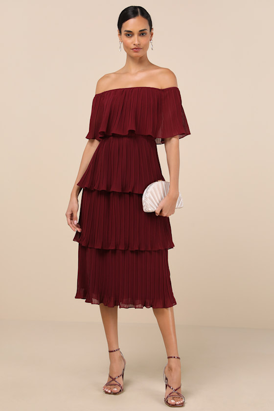 Gala Ready Wine Red Off-the-Shoulder Ruffle Midi Dress 6