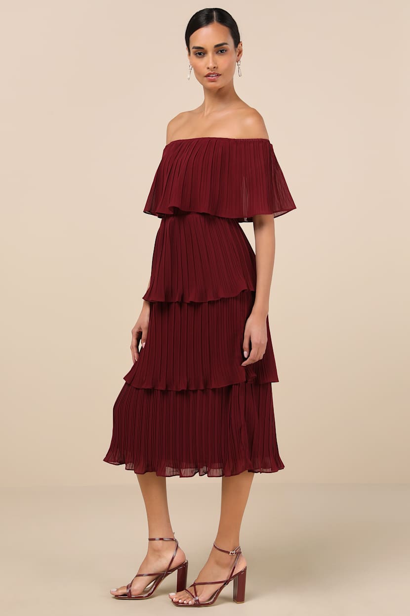 Chic Wine Red Dress - OTS Midi Dress - Tiered Pleated Dress - Lulus