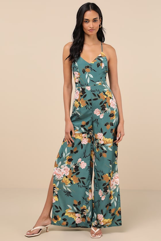 Lulus Beautiful Blooms Teal Green Floral Print Wide-leg Jumpsuit In Teal Green