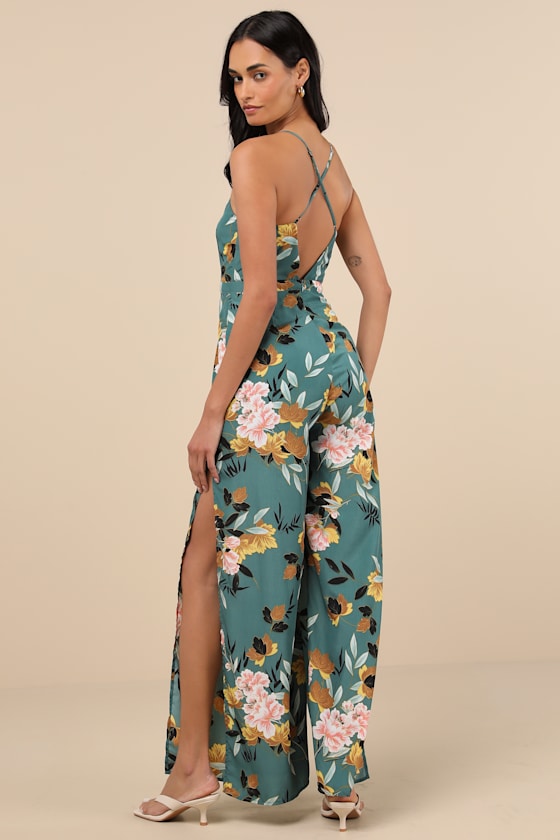 Lulus Beautiful Blooms Teal Green Floral Print Wide-leg Jumpsuit In Teal Green