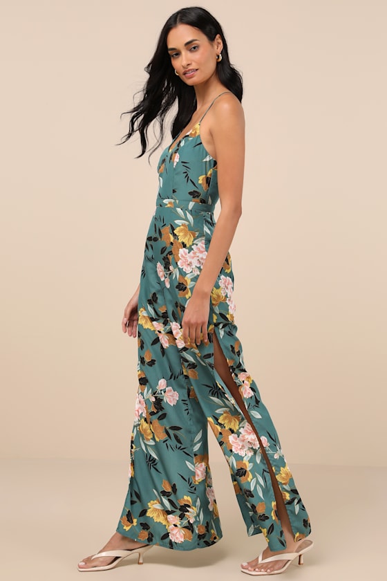 Lulus Beautiful Blooms Teal Green Floral Print Wide-leg Jumpsuit In Teal Green