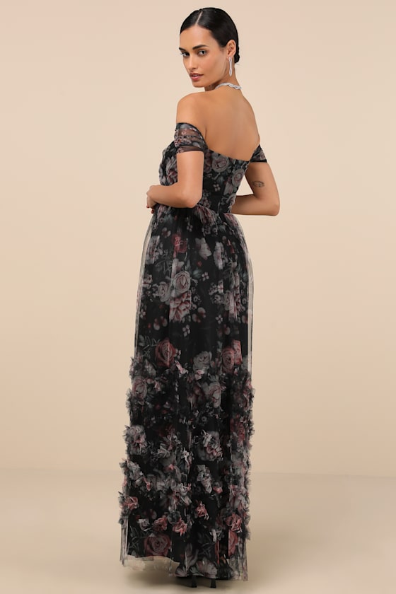 Ideal Beauty Black Floral Mesh Off-the-Shoulder Maxi Dress 3