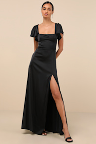 Ultimate Sweetness Black Satin Flutter Sleeve Maxi Dress 1