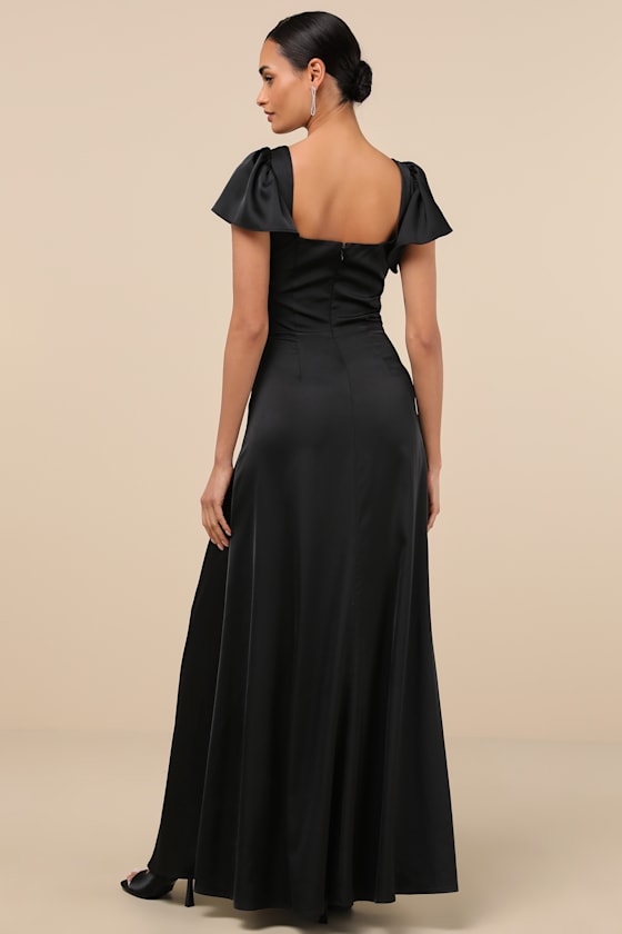 Lulus Ultimate Sweetness Black Satin Flutter Sleeve Maxi Dress In Black