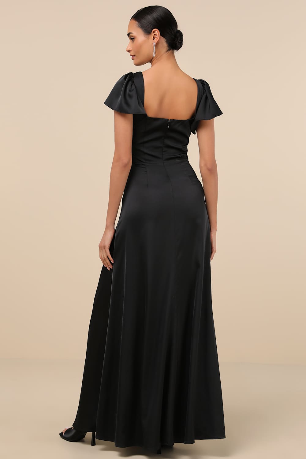 Ultimate Sweetness Black Satin Flutter Sleeve Maxi Dress