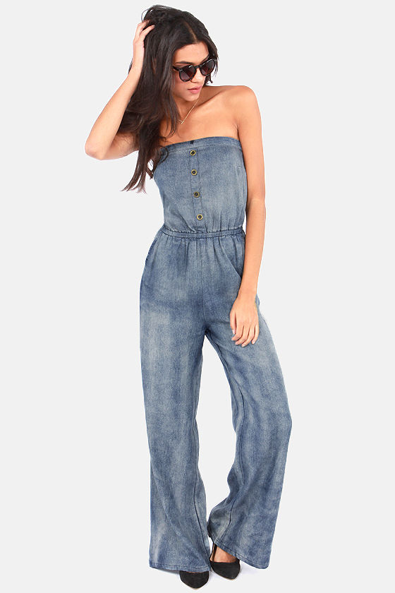 strapless denim jumpsuit