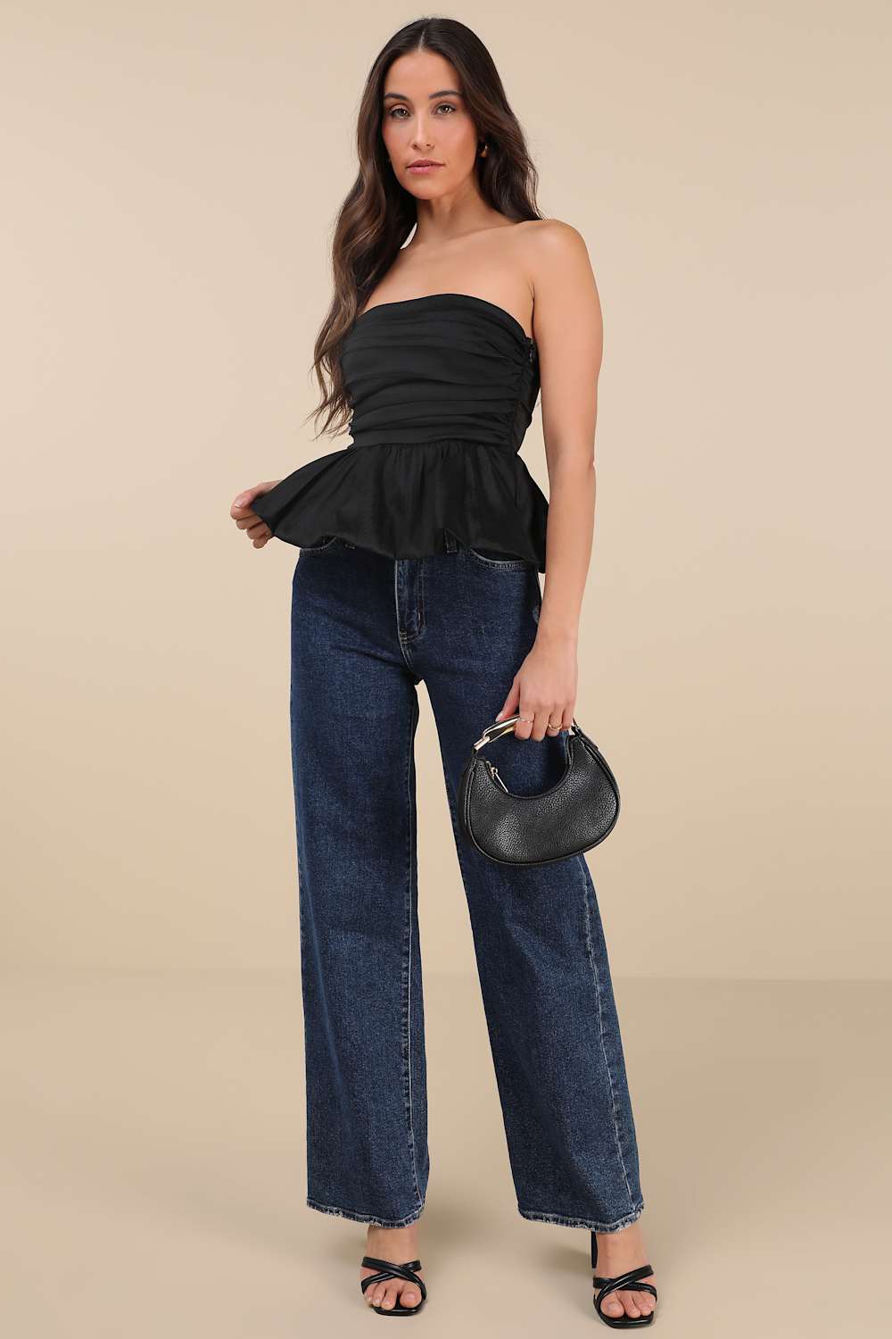 Celinda Black Strapless Bubble-Hem Top