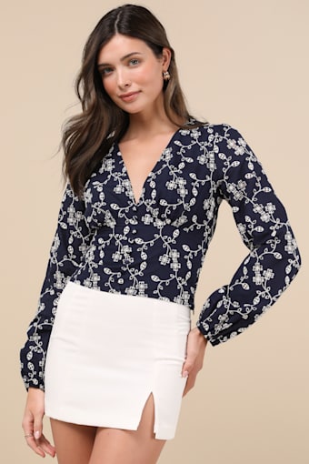 Sincere Charisma Navy Eyelet Embroidered Long Sleeve Top 2