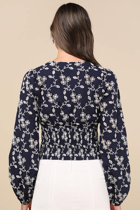 Lulus Sincere Charisma Navy Eyelet Embroidered Long Sleeve Top In Navy