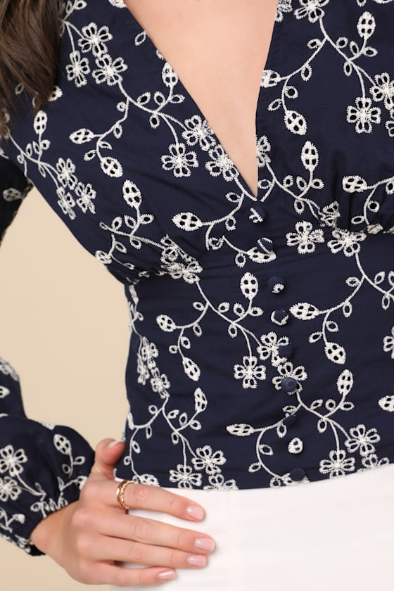 Lulus Sincere Charisma Navy Eyelet Embroidered Long Sleeve Top In Navy