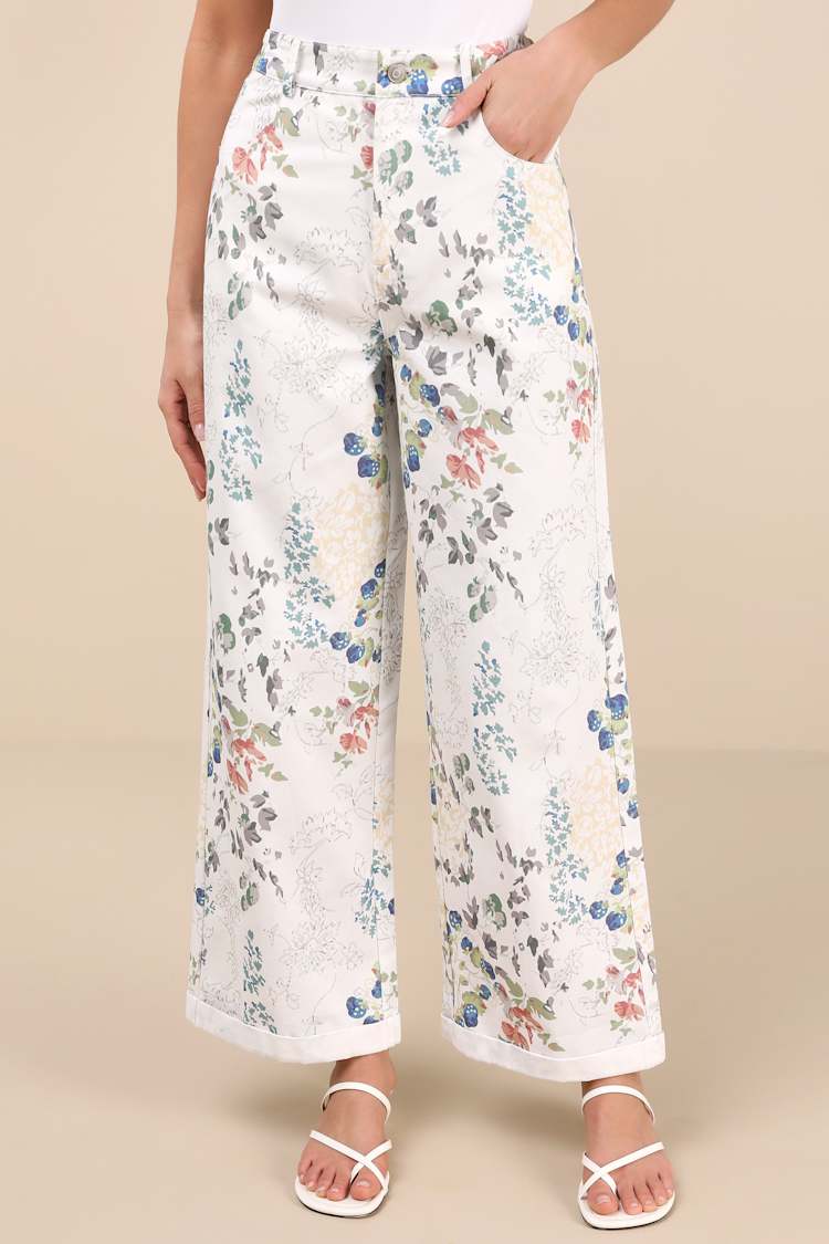 Garden Cutie Ivory Floral Cotton Twill High-Rise Pants