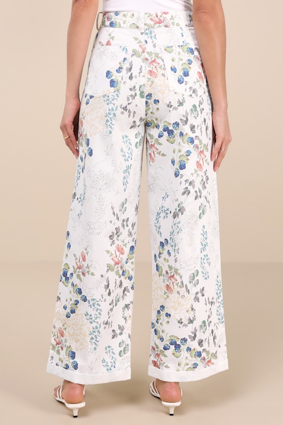 Lulus Garden Cutie Ivory Floral Cotton Twill High-rise Pants In Ivory