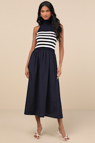 Confident Cues Navy Striped Mixed Media Midi Dress