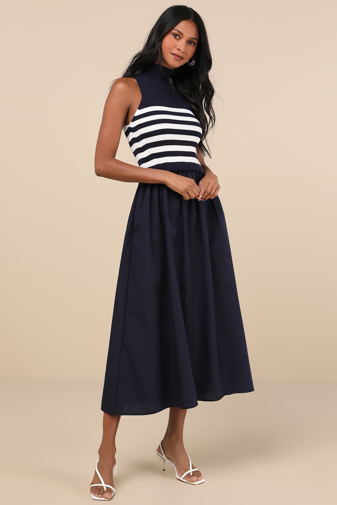 Confident Cues Navy Striped Mixed Media Midi Dress