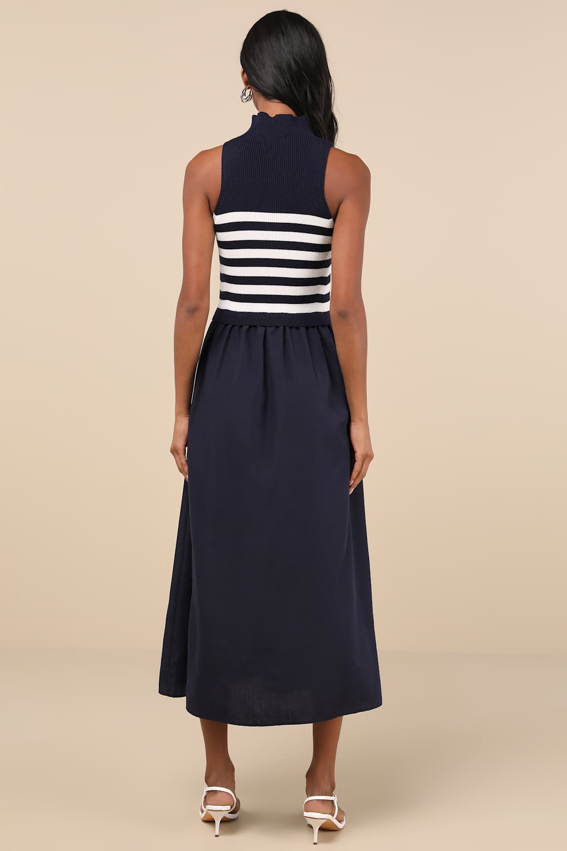 Confident Cues Navy Striped Mixed Media Midi Dress