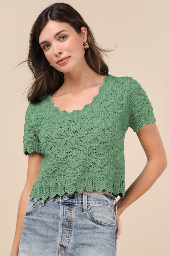 Sweetest Example Dark Green Pointelle Knit Short Sleeve Top 1