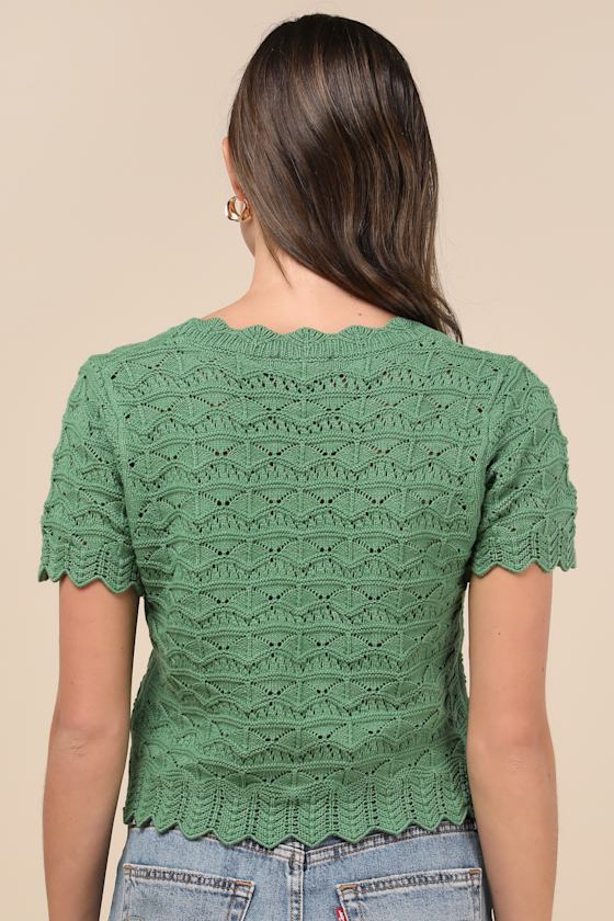 Lulus Sweetest Example Dark Green Pointelle Knit Short Sleeve Top In Dark Green