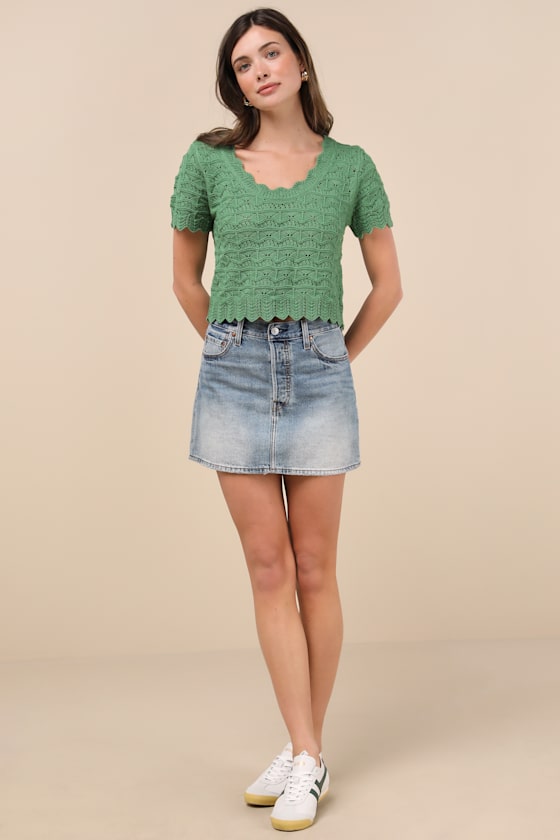 Lulus Sweetest Example Dark Green Pointelle Knit Short Sleeve Top In Dark Green