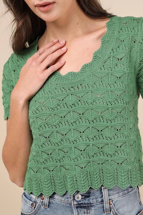 Lulus Sweetest Example Dark Green Pointelle Knit Short Sleeve Top In Dark Green