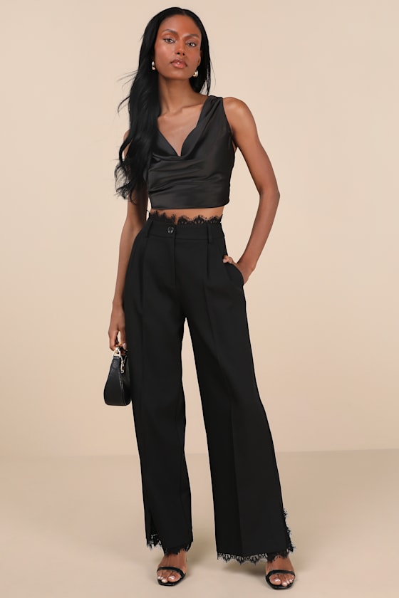 Black Eyelash Lace Pants - High-Rise Pants - Wide-Leg Black Eyelash Lace Pants - High-Rise Pants - Wide-Leg