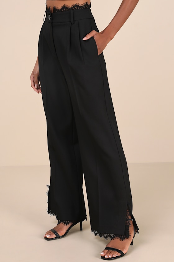 Lulus Refined Essence Black Eyelash Lace Wide-leg Trouser Pants In Black