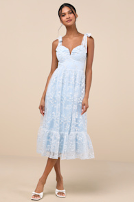 Distinctly Sweet Blue Floral Embroidered Tie-Strap Midi Dress