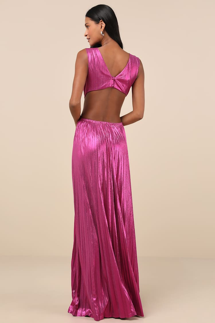 Shining Luxury Magenta Metallic Lurex Cutout Maxi Dress