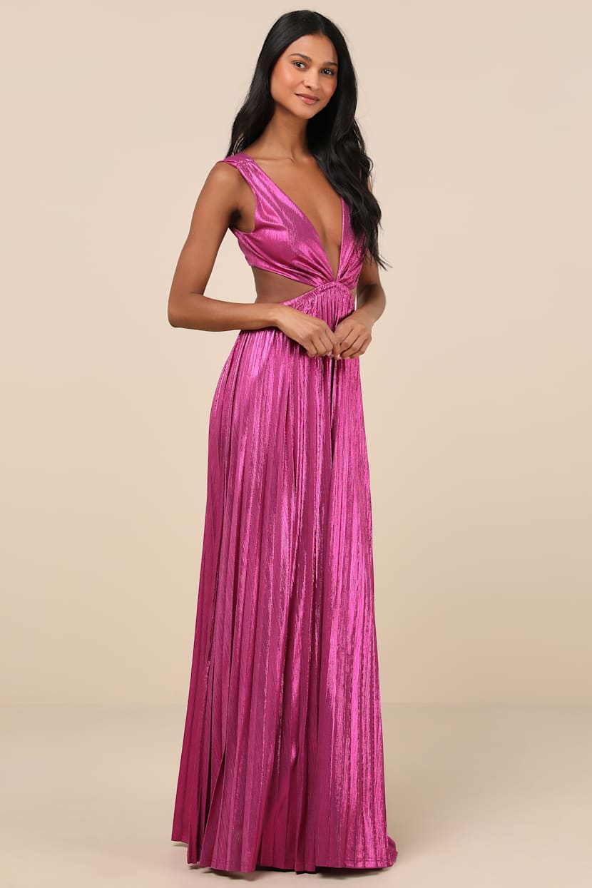 Shining Luxury Magenta Metallic Lurex Cutout Maxi Dress